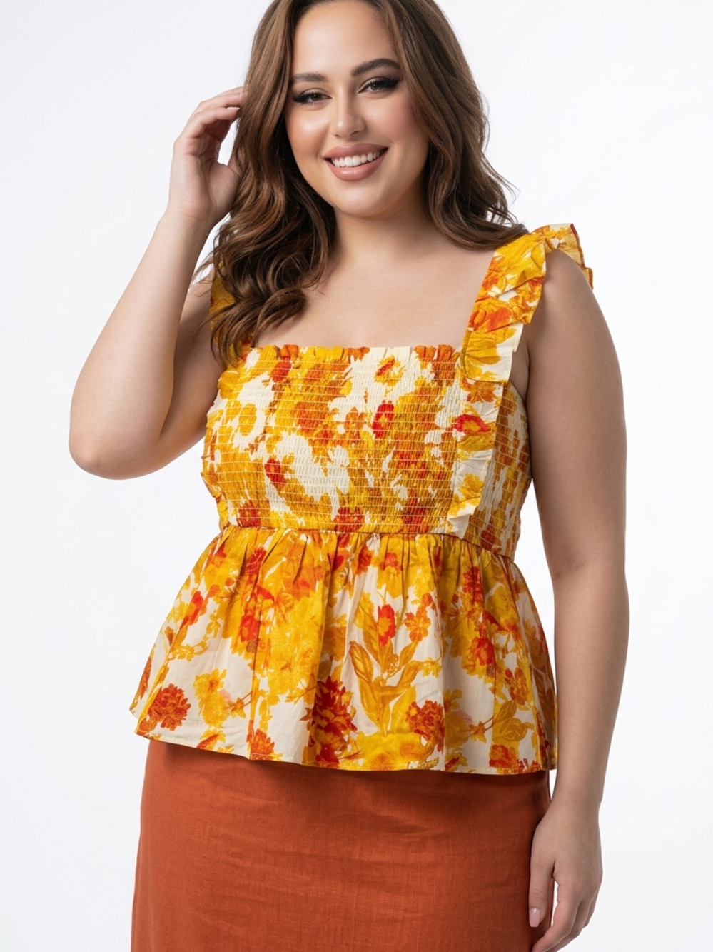 Rose & Olive Women’s MED Yellow Orange Floral Smocked Wide Strap Summer Top